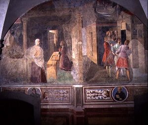 Sint Benedictus repareert de gebroken zeef, detail van de fresco cyclus van het Leven van Sint Benedictus uit de Chiostro degli Aranci, ca. 1430 door Giovanni di Consalvo (attr. to)