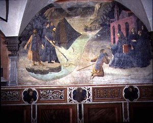 St. Benedict die de Bijl van de Houthakker uit het Meer Haalt, (detail) door Giovanni di Consalvo (attr. to)