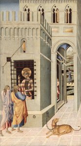 Johannes de Doper in de gevangenis bezocht door twee discipelen door Giovanni di Paolo