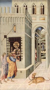 Sint-Jan de Doper in de gevangenis bezocht door twee discipelen, 1455-60 door Giovanni di Paolo