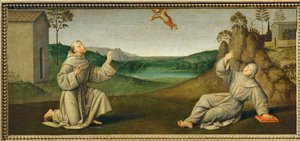 Franciscus van Assisi ontvangt de stigmata ... door Giovanni di Pietro (c.1450 1529) (studio of)