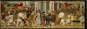Paneel van Cassone: Triomfantelijke intocht van Romulus en Tatius in Rome door Giovanni di Ser Giovanni