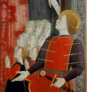 Detail van St. Sebastiaan, Madonna della Misericordia met St. Venantius en St. Sebastiaan, 1463