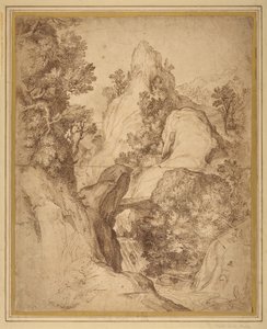 Rotsachtig landschap met een waterval door Girolamo Muziano