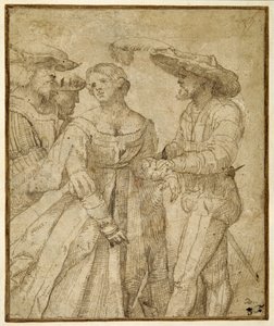 Scène van galanterie: vier figuren tegen een landschap door Girolamo Romanino