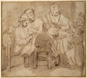 Vrouwen en meisjes zittend rond een tafel aan het naaien door Girolamo Romanino