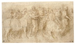 Priesters leiden een stier, een ram en een zwijn naar een altaar, naar de Oudheid