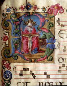 Lettrine B gedecoreerd die de Heilige Drie-eenheid (Troon van Genade) voorstelt God, Jezus Christus en de duif van de Heilige Geest (Heilige Geest). Miniatuur door Girolamo da Cremona (actief rond 1451-1483) uit een koor (Cod. 10/L. c.81v) van de kathedraa door Girolamo da Cremona
