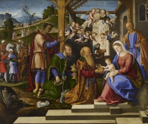 De aanbidding van de drie koningen, c.1525-1530 door Girolamo da Santacroce
