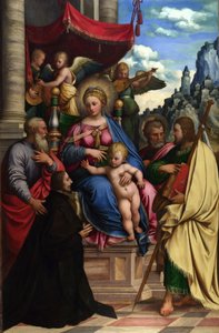 De Madonna met kind en engelen, heiligen en een schenker door Girolamo da Treviso the Younger