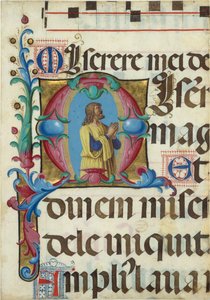 Manuscriptverlichting met David in gebed in een initiaal M, uit een Psalter door Girolamo dai Libri
