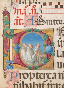 Manuscriptverlichting met zingende monniken in een initiaal D, uit een psalter, Italiaans, 1501-2