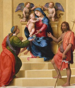 Madonna en Kind op de troon met heiligen Maria Magdalena en Johannes de Doper door Giuliano Bugiardini