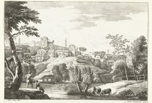 Heuvellandschap met stad en hengelaar door Giuliano Giampiccoli