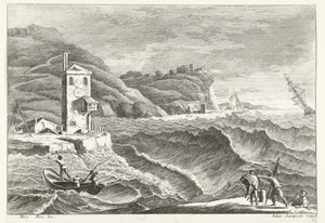 Kustlandschap met storm op zee en vuurbaken door Giuliano Giampiccoli