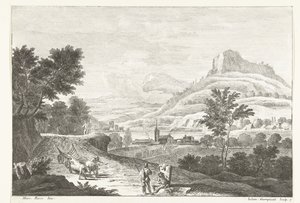 Landschap met ossenkar en begrafenis