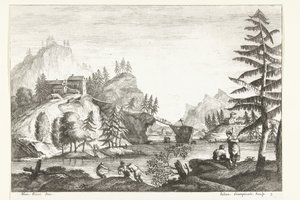 Landschap met rivier en enkele figuren door Giuliano Giampiccoli