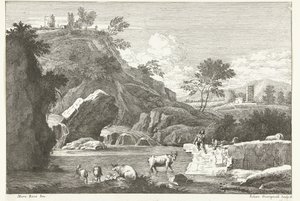 Landschap met twee herders en vee bij water