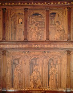 Na restauratie kasten in de Noord-Sacristie (Sacrestia delle Messe) die de Annunciatie en een bisschop op de troon voorstellen door Giuliano da Maiano