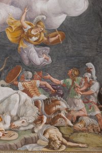 Een gevecht, detail, Het Trojaanse paard, Kamer van Troje door Giulio (and workshop) Romano