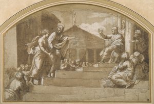 Martha brengt Maria Magdalena naar Christus door Giulio (attr. to) Romano