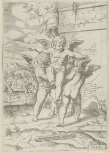 Amor en drie putti door Giulio Bonasone (attributed to)