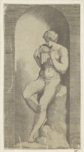 Naakte man met panfluit in een nis door Giulio Bonasone (possibly)
