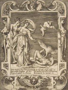 Een gier die de ingewanden van Titius eet, Cupido boven twee vrouwen links, binnen een lijst, 1531-76 door Giulio Bonasone
