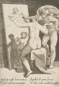 Apollo naast een vrouw die een allegorie van schilderkunst vertegenwoordigt