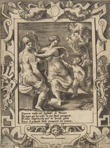 Athena zittend bij Juno die de pijlen van Cupido heeft weggenomen, binnen een uitgebreide lijst door Giulio Bonasone