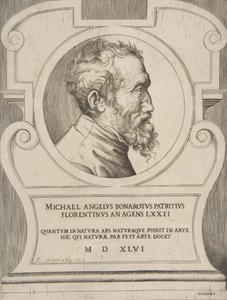Borstbeeld portret van Michelangelo naar rechts, binnen een cartouche door Giulio Bonasone