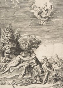 Calypso die probeert Ulysses tegen te houden terwijl een kind zijn wapenrusting voorbereidt aan de rechterkant en Mercurius valt, 1531-76