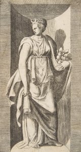 Diana die fruit in haar linkerhand houdt, staand in een nis, ca. 1531-76 door Giulio Bonasone