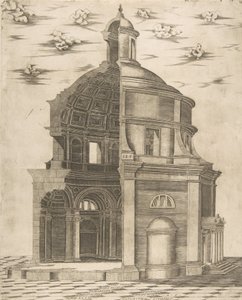 Exterieur en interieur sectie van een tempel in Rome gewijd aan Neptunus, 1541 door Giulio Bonasone