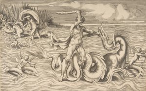 Hercules vecht met een draak in het midden, Achelous ontvoert Deianeira linksboven door Giulio Bonasone