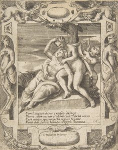 Ixion omhelst een wolk, denkend dat het Juno is, Cupido rechts, binnen een uitgebreide..., 1531-76 door Giulio Bonasone