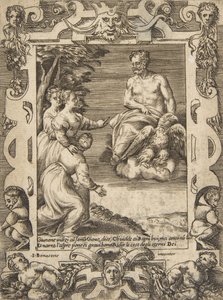 Juno links vraagt Jupiter om de Grieken te helpen, binnen een uitgebreide lijst, 1531-76 door Giulio Bonasone