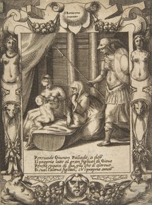 Juno overtuigt Athena om de jonge Hercules te voeden, binnen een uitgebreide lijst, ca. 1531-76 door Giulio Bonasone
