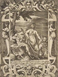 Jupiter links in de vorm van een herder vergezeld door Mnemosyne, binnen een uitgebreide..., 1531-1576 door Giulio Bonasone