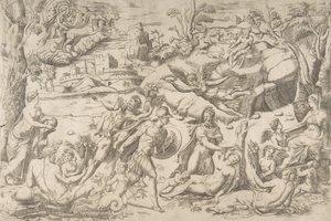 Mars en Rhea Silvia: in het midden houdt Mars een schild en zwaard, Rhea Silvia slaapt, ca. 1531-76 door Giulio Bonasone