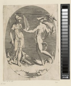 Mercurius geeft Minerva een panfluit door Giulio Bonasone