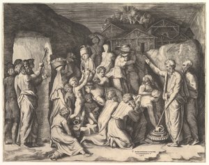 Mozes vertelt de Israëlieten om het Manna te verzamelen en Mozes slaat op de Rots door Giulio Bonasone