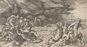 Neptunus kalmeert de storm die Aeolus tegen de vloot van Aeneas heeft opgewekt, 1531-76 door Giulio Bonasone