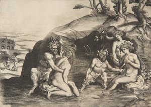 Nimfen en saters baden door Giulio Bonasone