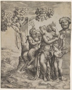 Pan zittend naast een vrouwelijke figuur met een hoorn des overvloeds, een nimf of Pomona door Giulio Bonasone