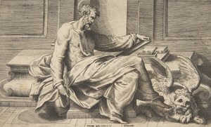 Sint Marcus schrijft zijn evangelie, een gevleugelde leeuw rechts door Giulio Bonasone
