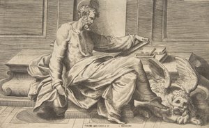 Sint Marcus schrijft zijn evangelie, gevleugelde leeuw rechts, 1531-76 door Giulio Bonasone