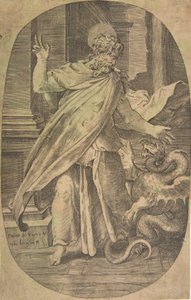 Sint Paulus overwint de adder, binnen een architecturale setting, een ovaal compositie, ca. 1540-70 door Giulio Bonasone