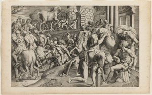 Het Trojaanse paard wordt de stad Troje binnen gesleept door Giulio Bonasone