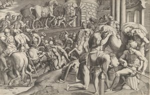 De Trojanen slepen het houten paard Troje binnen, 1545